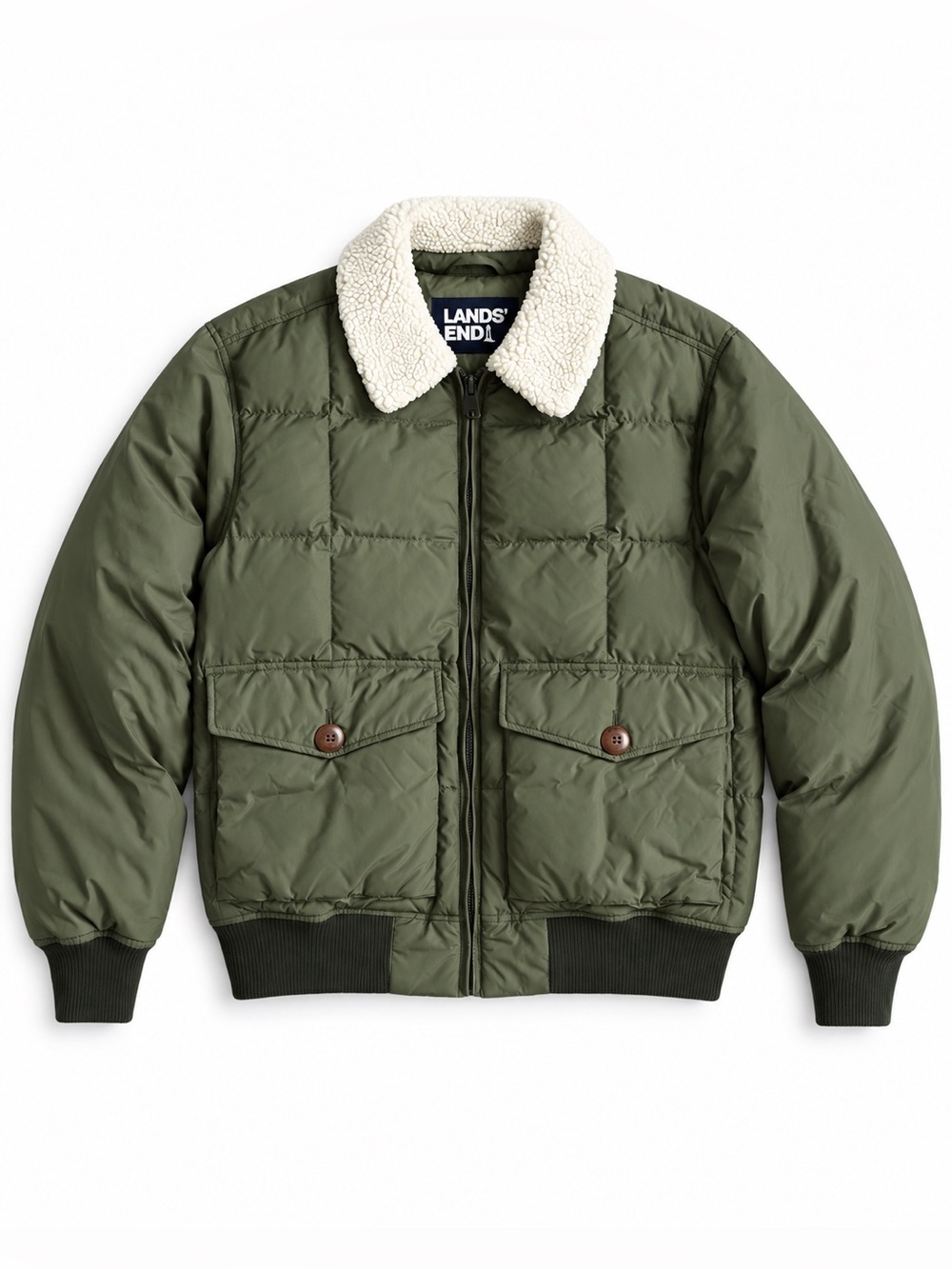 Lands’ End Down Bomber Jacket Sherpa Collar Olive Green Size Small